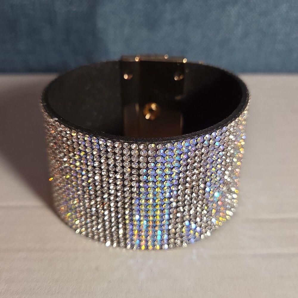 Rhinestone Wide Cuff Bracelet AB Crystal Gold Tone Y2K Glam Style NWOT - Picture 7 of 16